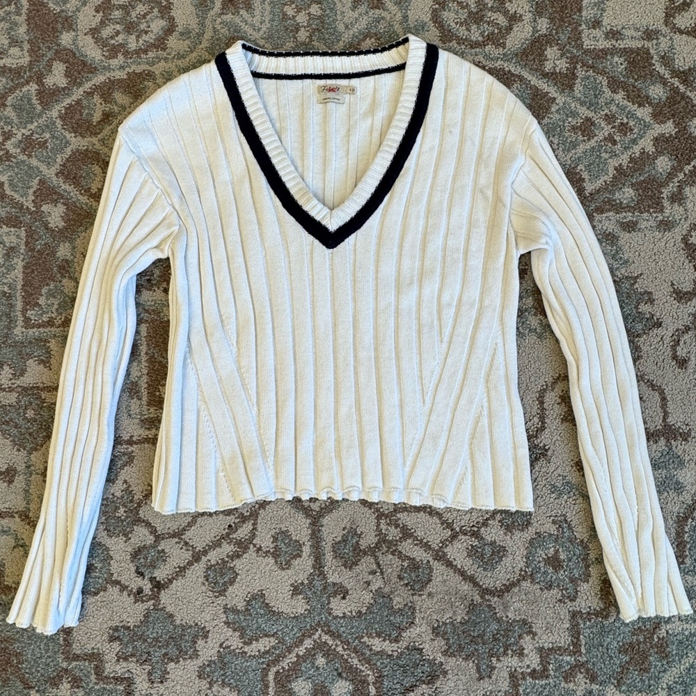 Faherty Cricket Sweater Size S White V Neck Ribbed Knit Cashmere Cotton